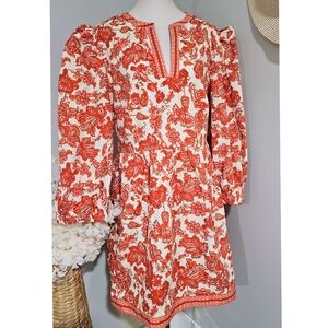 Avara Malanie Orange Allover Floral Print Cotton Puff Sleeve Fall Dress